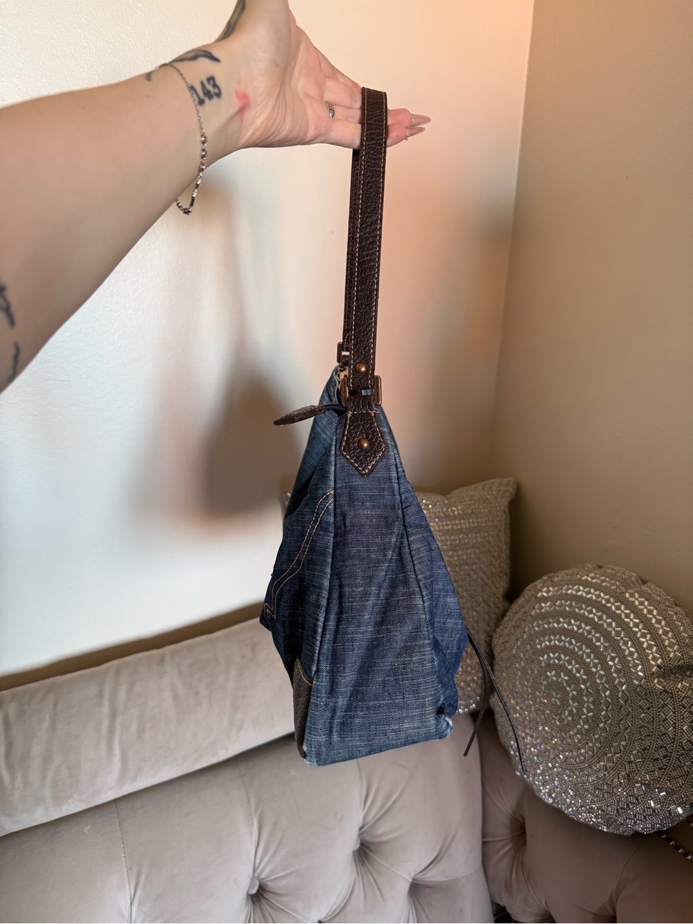 Guess Denim Shoulder Bag with Dark Brown Trim - Picture 5 of 11